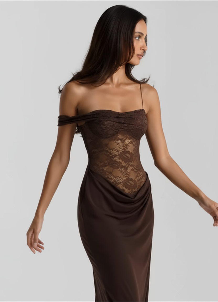 Velvet Ember One Shoulder Lace Maxi Dress