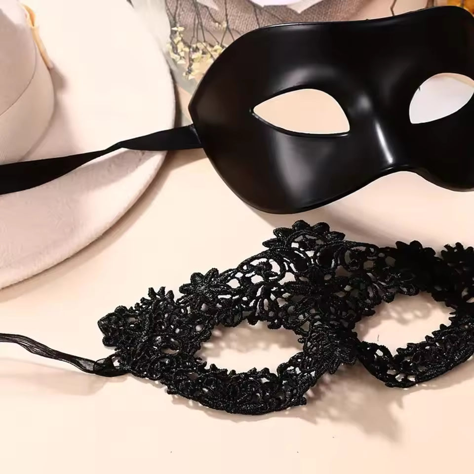 Elegant Black Lace Masquerade Mask Set – 2 Pieces
