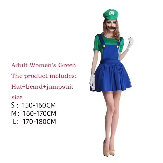 Super Luigi Brothers Cosplay Jumpsuit Beard & Hat Set