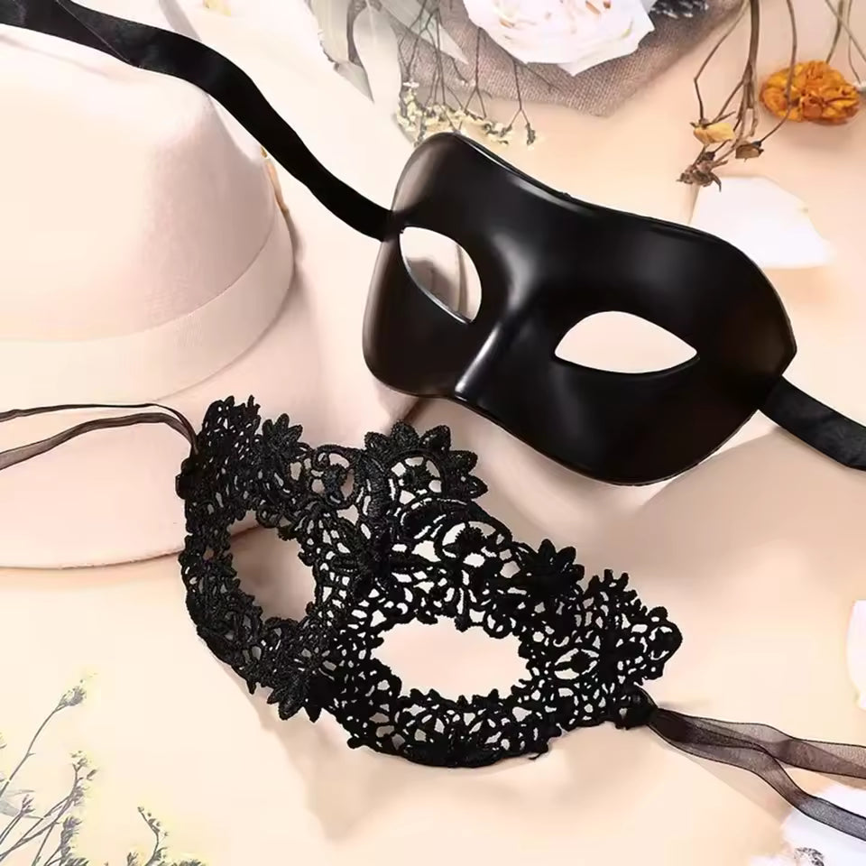 Elegant Black Lace Masquerade Mask Set – 2 Pieces