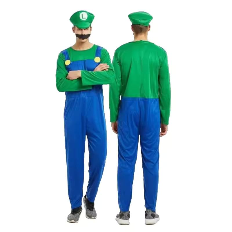Super Luigi Brothers Cosplay Jumpsuit Beard & Hat Set