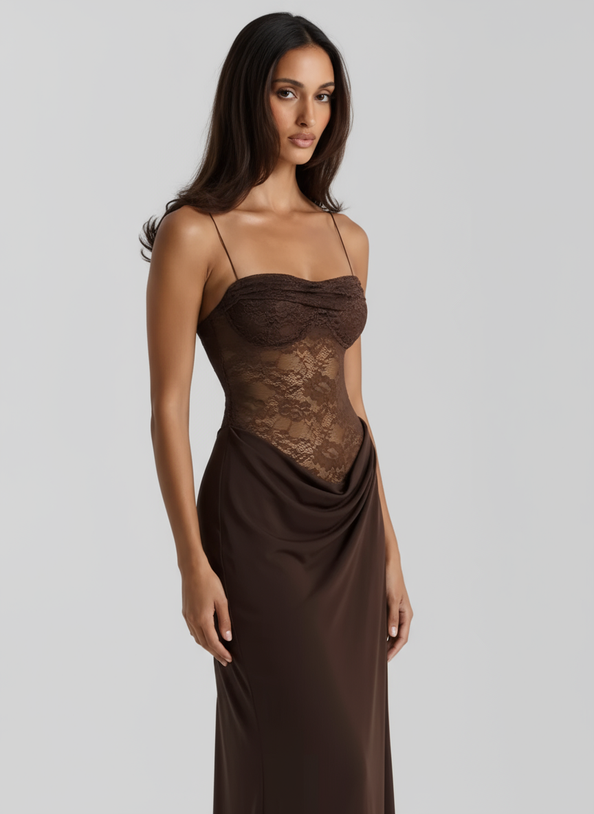Velvet Ember One Shoulder Lace Maxi Dress